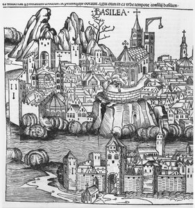 Vue de Bâle, illustration de la Chronique de Nuremberg par Hartmann Schedel (1440-1514), 1493 - German School