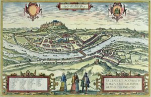 Vue de la ville de Salzbourg sur les rives de la rivière Salzach avec le château de Honensalzburg en arrière-plan, de 
