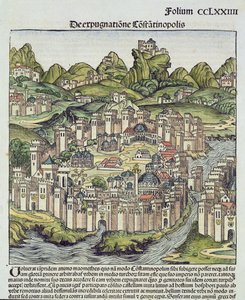 Vue de la ville fortifiée de Constantinople, tirée de la Chronique de Nuremberg par Hartmann Schedel, 1493 - German School