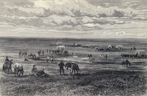 Train de wagons dans les prairies du Dakota du Sud, USA (litho) - German School