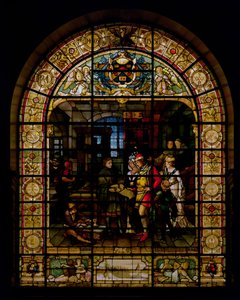 William Caxton montrant son premier livre imprimé à Édouard IV et à sa femme, Elizabeth Woodville en 1477, par Mayer et Co., firme de Munich active à Londres, vers 1880