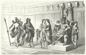 Wotan recevant les musiciens introduits par Bragi, le dieu de la poésie et du chant - German School
