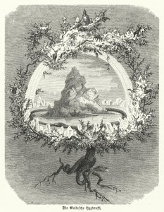 Yggdrasil, frêne mythique de la cosmologie nordique (gravure) - German School