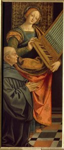 Sainte Cécile de Rome (3e siècle). Portant un orgue, avec un moine agenouillé en prière à ses pieds. - Gerolamo Giovenone