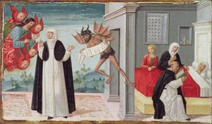 Sainte Catherine de Sienne intercède auprès du Christ pour libérer la sœur mourante Palmerina de son pacte avec le diable - Gerolamo di Benvenuto