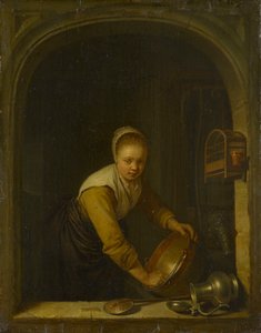 Une servante récure un poêlon en laiton à une fenêtre - Gerrit Dou