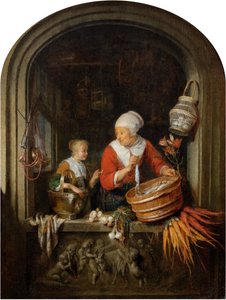 Femme vendant des harengs et fille dans une vitrine - Gerrit Dou
