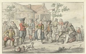 Compagnie joyeuse devant une auberge