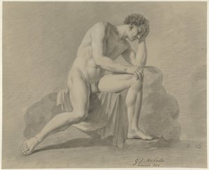 Homme nu assis, la tête appuyée sur le bras gauche