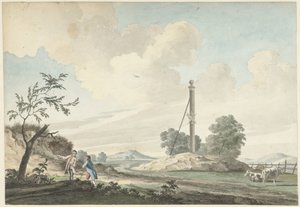 Paysage près des dunes avec une borne et deux promeneurs - Gerrit Toorenburgh