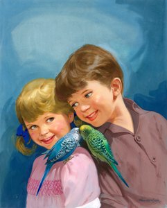 Garçon et fille avec perruches