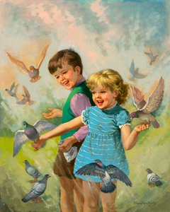 Garçon et fille avec pigeons