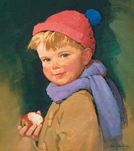 Garçon mangeant une pomme (lithographie couleur)
