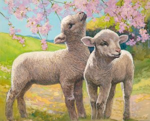 Deux agneaux mangeant des fleurs (gouache sur papier)