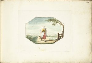 Laitière avec des seaux dans un paysage