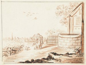 Homme et dame se saluant devant une maison de campagne
