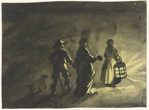 Scène nocturne : couple marchant derrière une femme avec une lanterne, vu de dos