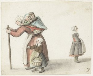 Femme avec deux enfants dans un panier