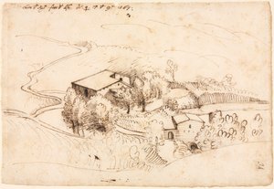 Ferme avec des arbres dans un paysage vallonné recto, 1567 - Gherado Cibo