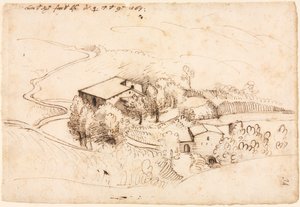 Ferme avec des arbres dans un paysage vallonné (recto) - Gherardo Cibo