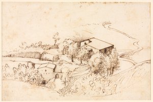 Ferme avec des arbres dans un paysage vallonné (verso) - Gherardo Cibo