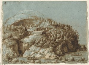 Paysage vallonné avec des navires