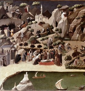 La Thébaïde des Ermites (détail). Description de la vie des ermites dans le désert. Détrempe sur bois attribuée à Gherardo Starnina (XIVe-XVe siècle). Vers 1400. Florence, Galerie des Offices