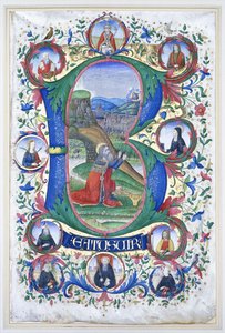 Le roi David en prière dans une très grande initiale "B", entouré de dix grands médaillons contenant chacun le portrait d