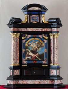 Horloge avec représentation de saint Jérôme écoutant la trompette du jugement dernier Peinture de Giacinto Brandi (1621-1691) Structure et mécanisme réalisés par Giuseppe Campani - 17ème siècle Dim 128x100x44 cm Gênes musei di strada nuova - Giacinto Brandi