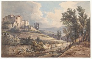 Paysage avec une villa sur une colline et un pont aux alentours de Cava
