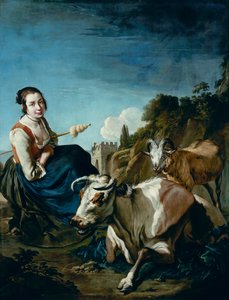 Une fille avec une vache et des moutons dans un paysage rocheux, vers 1700