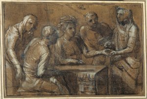 Cinq figures dans un intérieur (fusain rehaussé de blanc)