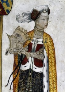 Représentation des marquis de Saluces et de leurs épouses en tant que héros et héroïnes historiques et mythologiques. (détail) : Riccarda di Sicilia, épouse de Tommaso II, en tant que reine amazone Lampeto. 1418-30 - Giacomo Jaquerio