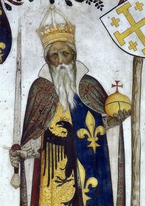 Représentation des marquis de Saluces et de leurs épouses en tant que héros et héroïnes historiques et mythologiques. Détail : Manfredo III en Charlemagne. 1418-30