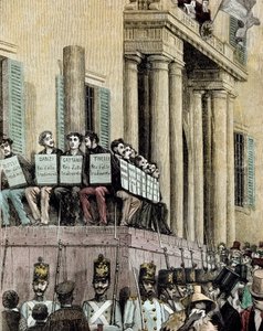 Risorgimento : membres du mouvement Giovine Italia (dont Carlo Cattaneo (1801-1869), Tinelli, Danzi, Bussi) assis devant le Palais de Justice à Milan, écoutant la sentence les condamnant à l