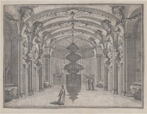 Scène théâtrale dans une grande salle avec un plafond voûté et une sculpture centrale, vers 1687-1717