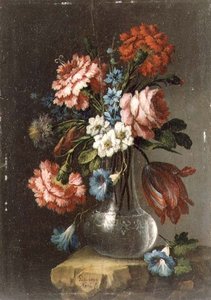 Roses, tulipes, convolvulus et autres fleurs dans un vase en verre - Giacomo Nani