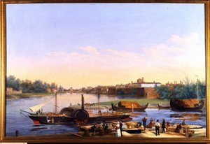 Vue du port de Pavie sur le Pô et le bateau à vapeur Principessa Clementina - Giacomo Trecourt
