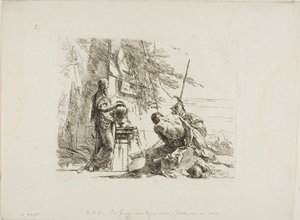 Une femme avec ses mains sur un vase, soldat et esclave, des Capricci - Giambattista Tiepolo