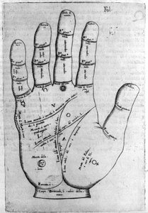 Chiromancie et prédiction divinatoire : représentation des différentes lignes de la main permettant l