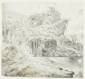 Promontoire rocheux avec ruines et cascades (recto) ; Esquisse d