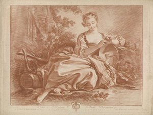 Jeune femme assise avec un bouclier portant un cœur transpercé d