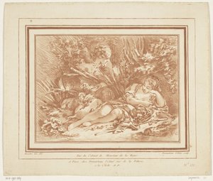 Bergère couchée avec moutons et berger avec flûte - Gilles Demarteau