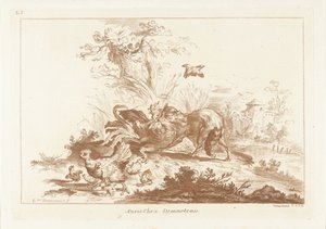 Renard attaquant un coq et une poule fuyant avec des poussins - Gilles Demarteau