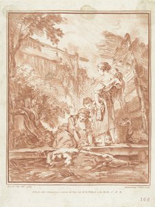 Lavandières avec enfants près d