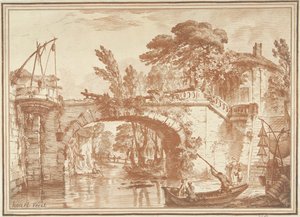 Paysage du sud avec pont et maisons près de la rivière - Gilles Demarteau
