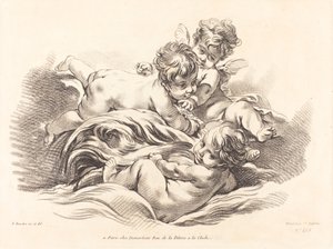 Trois chérubins jouant sur une vague semblable à un dauphin