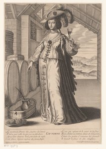 Dame avec un verre de vin près de tonneaux de vin, avec vue sur une plantation de vin (Automne) (Quatre saisons)