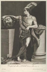 David debout avec les jambes croisées tenant la tête de Goliath sur un piédestal, vers 1635-45
