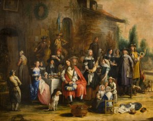 Partie de chasse devant une auberge - Gillis van (follower of) Tilborgh